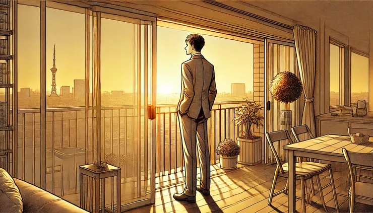 中高齡專業人士站在陽台，迎著日出自信展望未來。