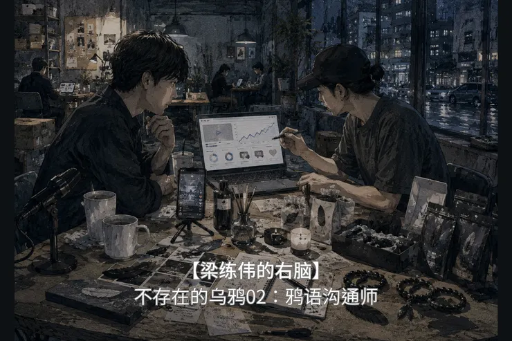 共享办公空间里，梁练伟与助理看着流量后台和黑羽商品样品，将乌鸦事件包装成内容生意