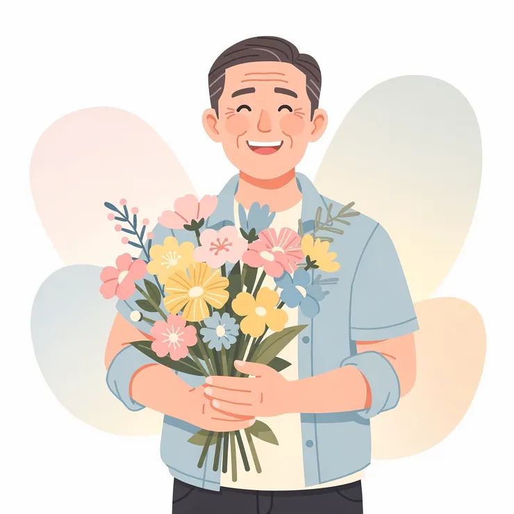 捧花而笑的中年大叔。GAMMA製作。