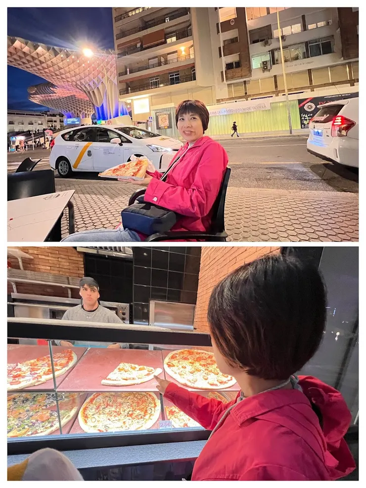 看完像鬆餅的城市陽傘，吃厚片披薩當點心。