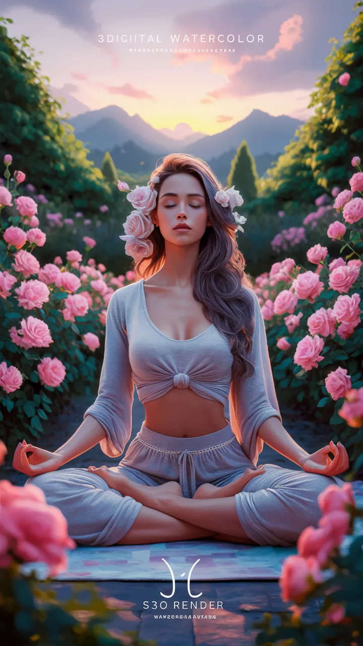 A 3d digital watercolor image of a beautiful long-haired woman in a meditation pose with a relaxed boho outfit and some small light pink roses on the right side of her ear. She is in a garden surrounded by pink roses, and in the distance, some mountains reflect a beautiful sunrise. There is a text that says "S30 ART", 3D render".