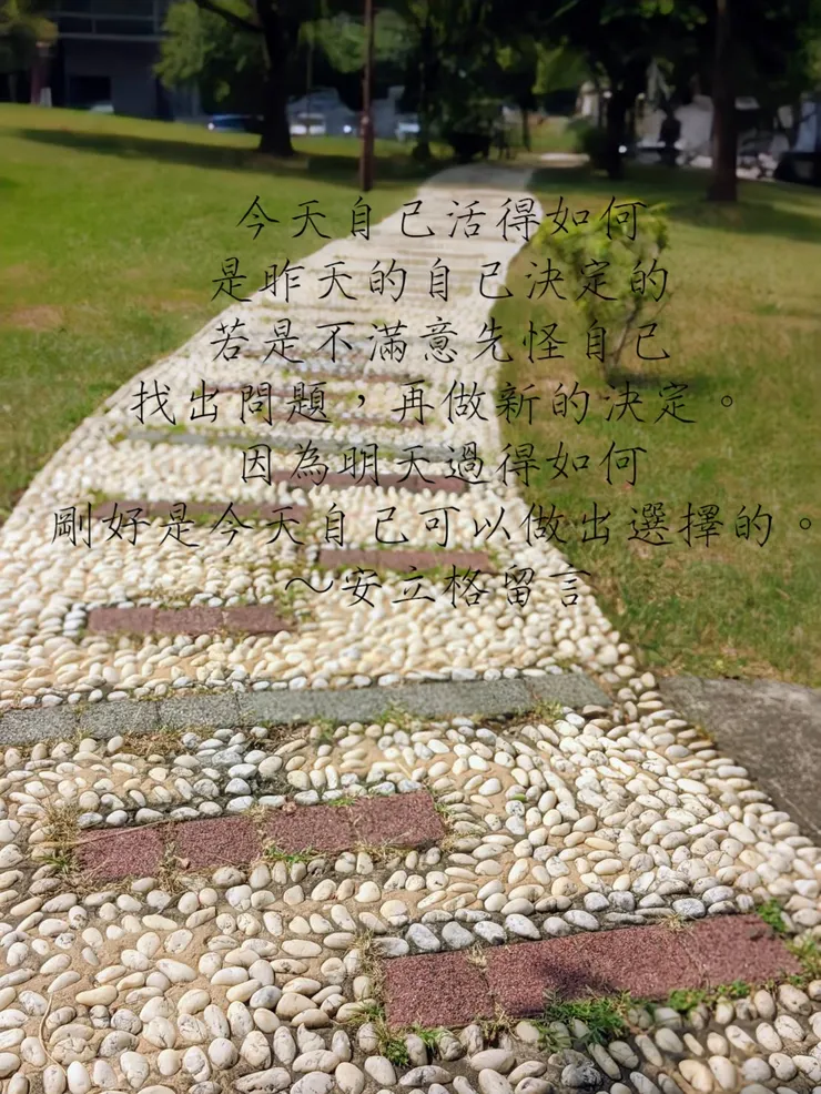 選擇這張圖，乃是拍照時走公園這條石子路，凹凸不平，宛如人生路，總要有些曲折，才有挑戰性。