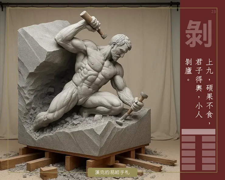 剝卦上九，五個陰爻，像人生中的不如意，它們磨去執念，也雕出你的本質，釋放出你的真我，得到珍貴的碩果。 （漢克設計，AI生成圖）