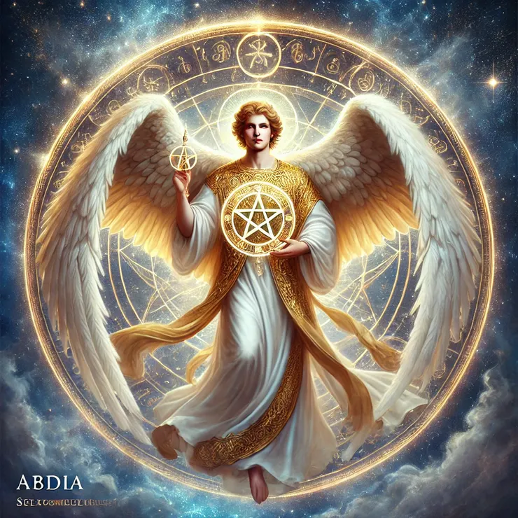 他是一位出現在所羅門五芒星外圈的天使，名字意為「僕人」。畫面展現了他身披流動的白金色長袍，象徵純潔與奉獻。他擁有發光的神聖羽翼，手持一個古老神秘的符印，代表著他在神聖服務中的角色。背景是一片充滿星辰的以太空間，隱約可見發光的五芒星