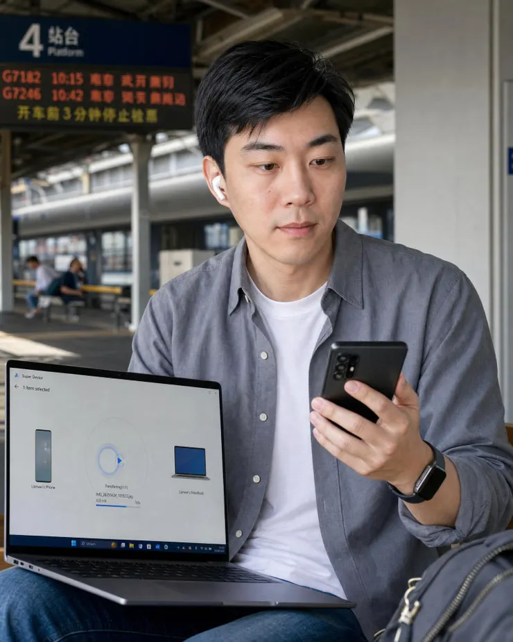 梁练伟在通勤场景测试 AI PC 与手机、耳机、手表的跨设备工作流