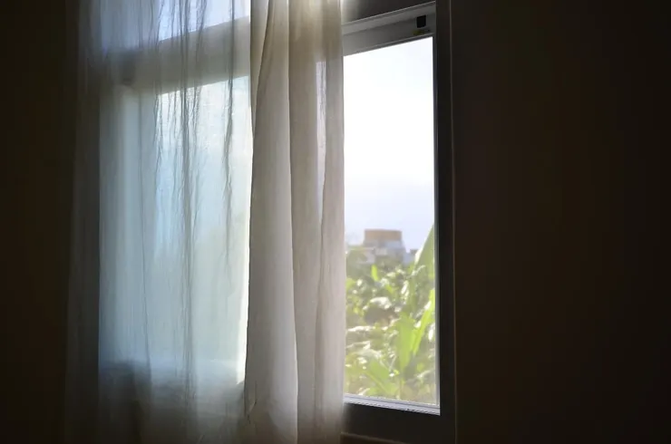 阻隔EMF的窗帘和紗窗──遠處棕色的方形屋頂處，有基地台