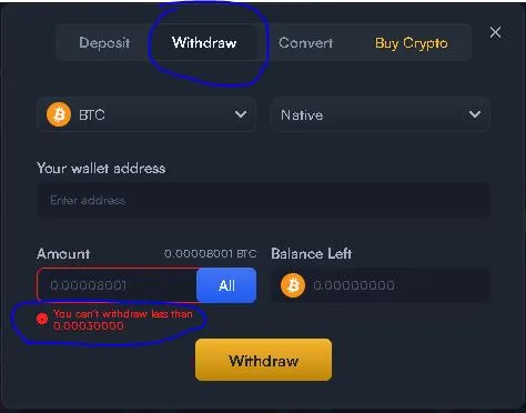 BTC [Withdraw] 出金的額度限制畫面