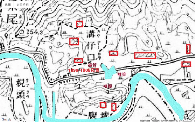 1904年《台灣堡圖》褲腳埤（圖片來源：中央研究院台灣百年歷史地圖、顏文魁老師繪製）