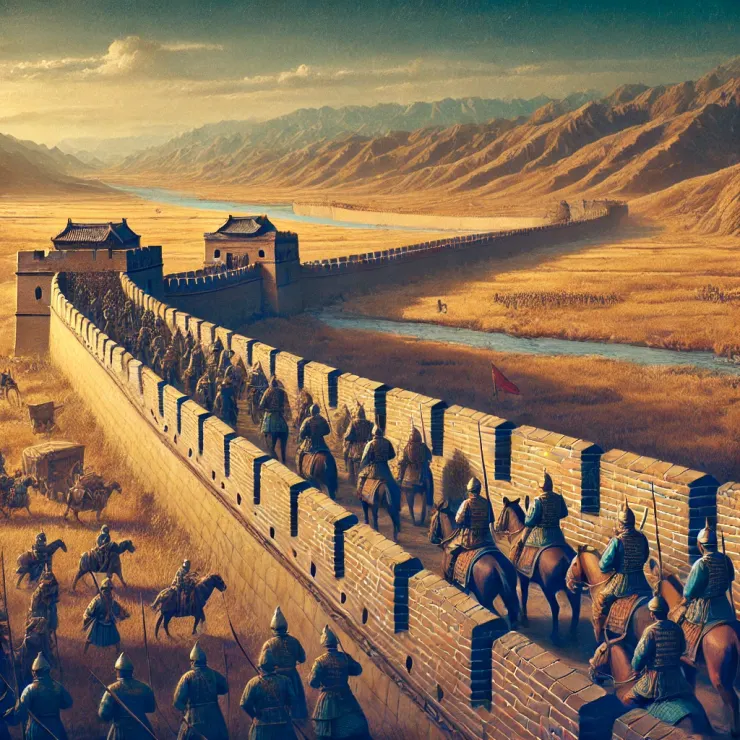 萬里長城的防禦功能展現，士兵們在城牆上巡邏，背後是一望無際的草原和沙漠。這張圖片突出了長城在抵禦北方遊牧民族入侵中的重要作用，以及它作為秦始皇權威象徵的意義。