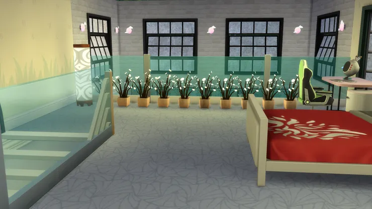 我特意在閣樓盡頭的圍欄放置一排很大的植物/燈(？)，可能有人很享受從那裏向下望向客廳，但我很怕高，就阻止自己過去了。