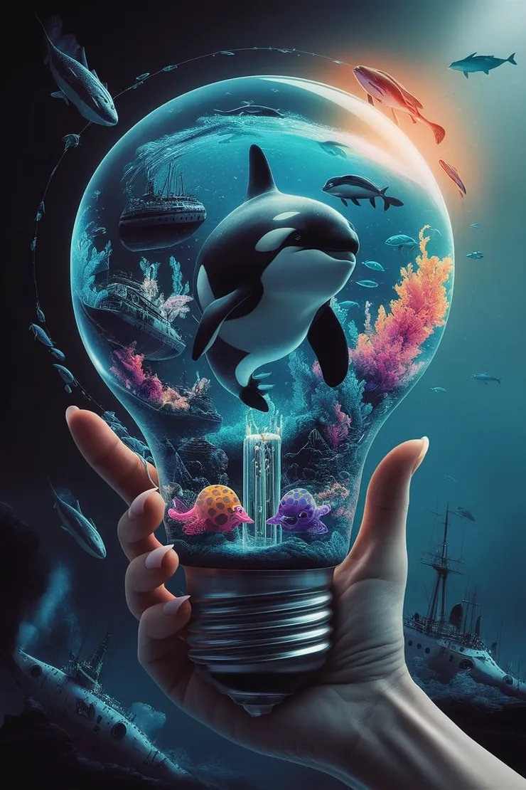A mesmerizing digital artwork by Hans Darias AI, capturing a captivating underwater world within a transparent dome of a light bulb. The vibrant ecosystem showcases a majestic orca swimming gracefully among a dazzling array of colorful, fluorescent marine creatures. Sunken submarines and ships surround them, merging nature and technology in a harmonious blend. A beautiful female hand gently holds the light bulb, illuminating the scene as it transitions from darkness to light, emphasizing the serene beauty of nature within a technological setting. The artwork exudes eco-friendliness and tranquility, inviting viewers to ponder the delicate balance between human innovation and the natural world.