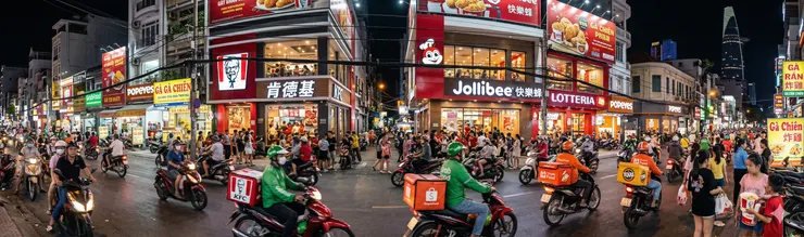 越南胡志明市連鎖炸雞品牌林立,KFC、Jollibee、Lotteria等多家品牌在越南激烈競爭