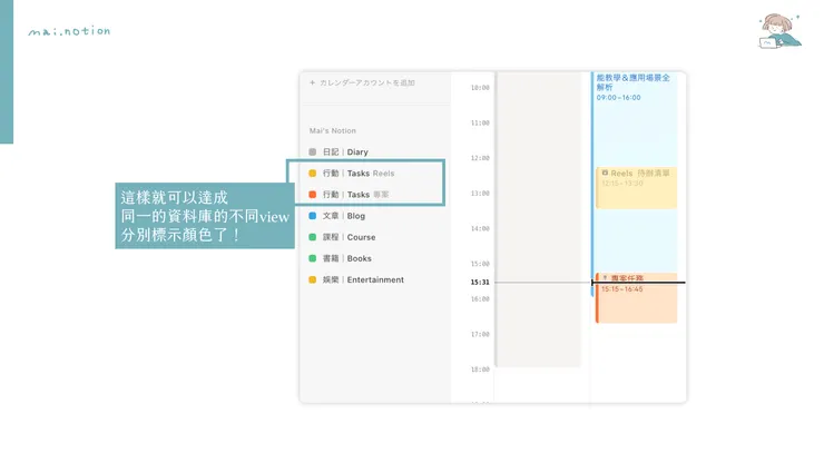 同一個資料來源標示不同顏色，方便一眼就能辨認任務的類別
