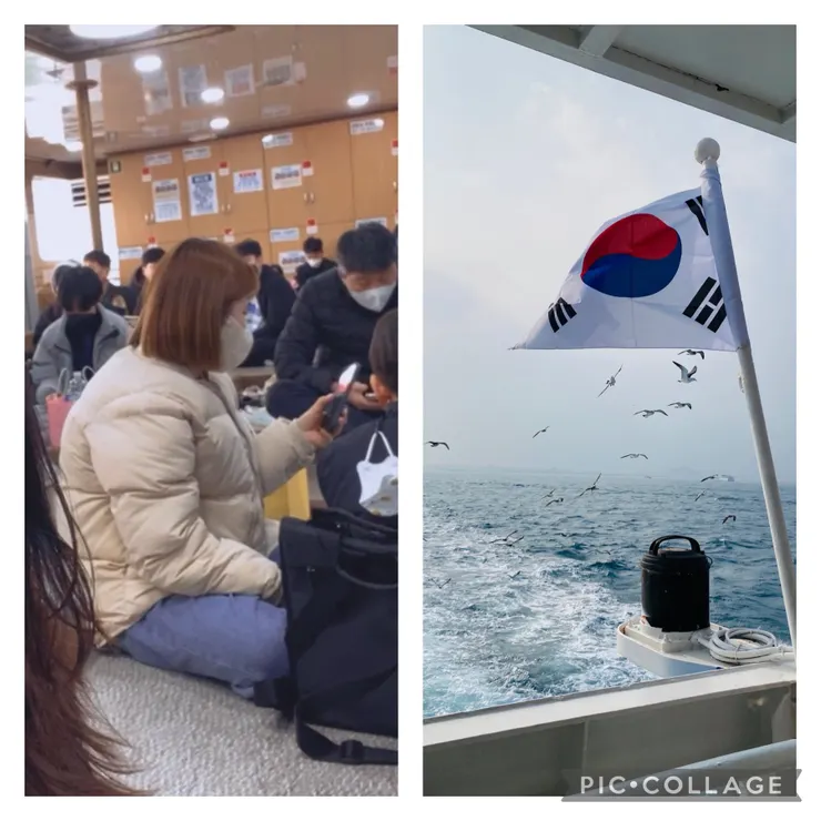 大部分遊客都窩在室內地暖區；跑到船尾拍照，可以看到很多海鷗在等遊客餵食蝦味先