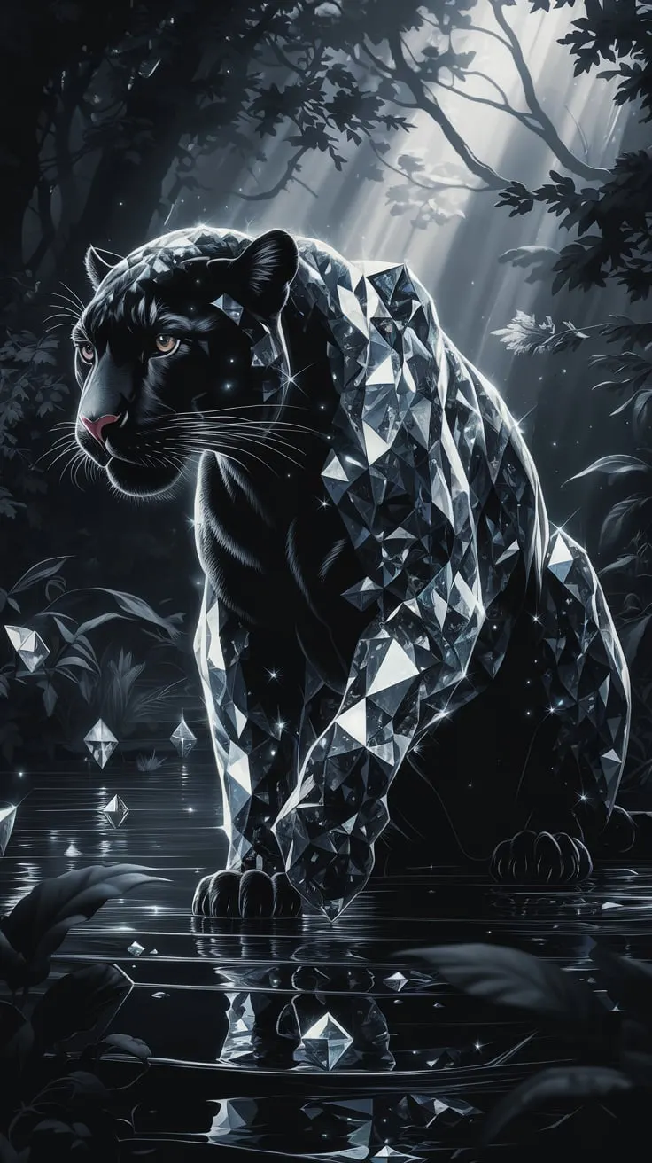 Hyperrealistic depiction of a black panther seamlessly merged with diamond crystals, its entire body sparkling with sharp, intricate, gemstone-like facets. The panther is illuminated by soft natural light, highlighting the sharp edges of its diamond structure. The jungle backdrop is dense and detailed, with soft shadows and sunbeams piercing through the thick canopy. A mystical atmosphere surrounds the scene, with reflections from the diamond surfaces interacting with water and foliage. The panther's posture is powerful and elegant, exuding a sense of strength and mystery.