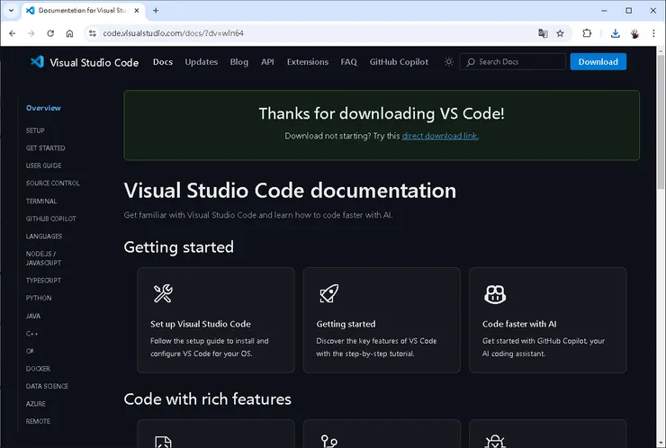 出現這個畫面，表示您已經在下載Code安裝程式了。