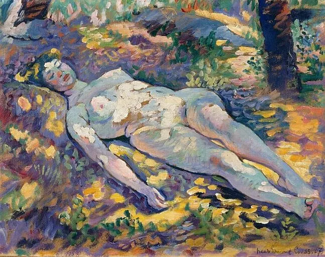 Henri-Edmond Cross 《林間沉睡的裸女 Dormeuse nue dans la clairière》1907年|油彩|Museum of Grenoble