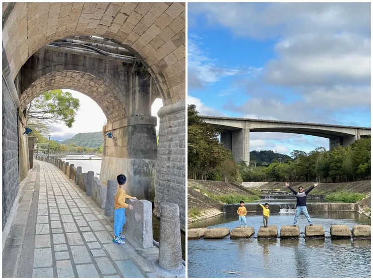 穿越古橋下方，或走走石頭步道，感受不一樣的親水公園景色