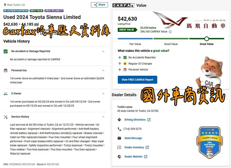 美規TOYOTA SIENNA Limited外匯車車況確認、Carfax報告、美國車商資訊。