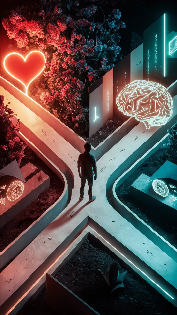 A striking conceptual artwork illustrating the internal struggle between emotion and reason. A person stands in the center of a crossroads, where one path is adorned with a glowing red heart and warm, soft lighting, surrounded by vibrant blooming flowers. The other path features a neon-lit brain, flanked by geometric shapes and cool, mechanical tones. The silhouette of the individual embodies indecision, as they contemplate their path. The visual design is a harmonious blend of realism and abstract elements, creating a powerful and thought-provoking scene., illustration, 3d render, poster