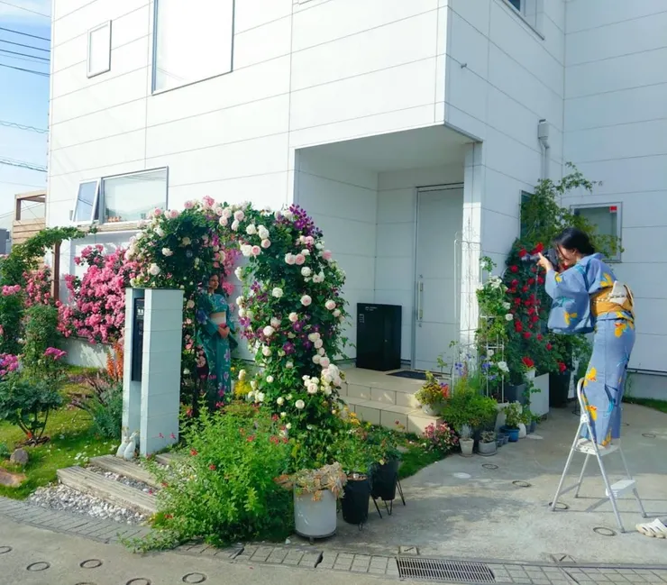利用自家小花園進行拍攝的老師。（照片提供：Yuu）