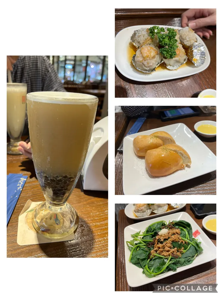 珍珠蕎麥茶，雙拼燒賣、炸饅頭、地瓜葉。