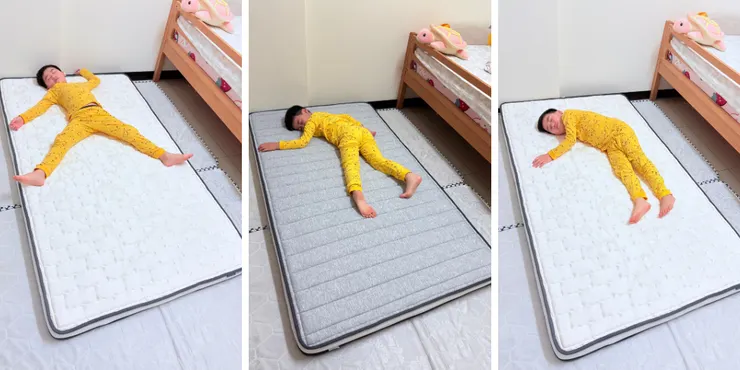 兒童房地鋪薄床墊，小孩躺在10公分厚薄床墊上測試支撐力，軟硬適中不觸底，可直接放地板使用，椰子床墊替代推薦