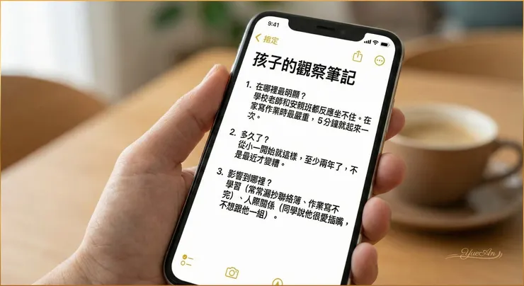 60 秒觀察筆記：在哪裡最明顯／多久了／影響到哪裡 — 把焦慮寫下來，讓回診與評估更有效率。 📌 補充：這其實也是 Externalization（外化） 的概念：把腦中反覆的擔心搬到紙面上，能減少 Working memory（工作記憶） 的負擔；家長會比較「有感」地重新拿回一點掌控感。