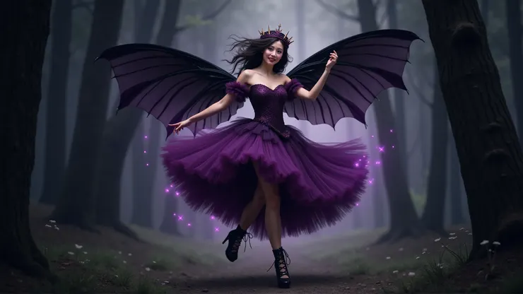 Dark Fairy: Purple tulle dress, black wings, thorned crown, lace-up sandals( 黑暗精靈:紫色薄紗洋裝、黑色翅膀、荊棘皇冠、綁帶涼鞋 )