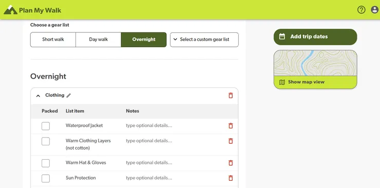 裝備清單貼心規劃三種類別,或是也可以選擇自製客製化清單。