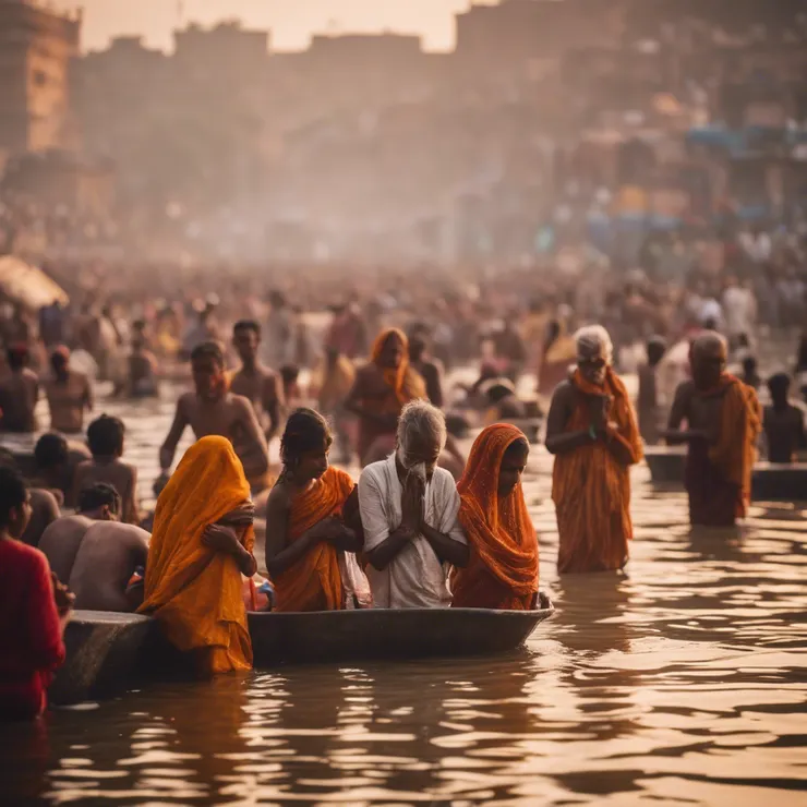 清晨在恆河受洗者與朝聖者