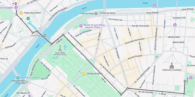 We walked from Palais de Challiot all the way to Rodin Museum (see the black line). 這是我們從地鐵下車走到羅丹美術館（右邊最重點的紫色標誌）走的路線，快要三公里。