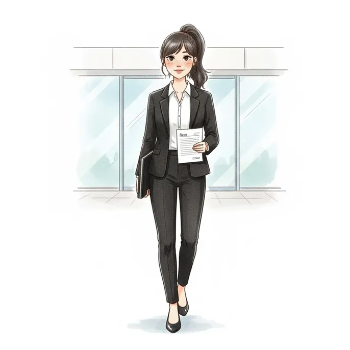 穿白色襯衫和黑色西裝套裝綁馬尾(看起來像去面試)