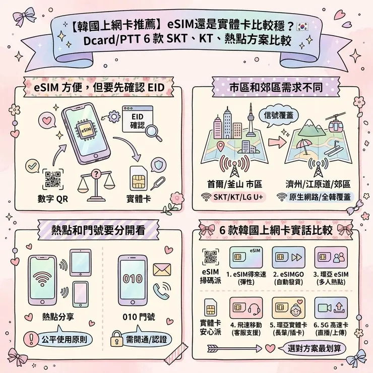 【韓國上網卡推薦】eSIM還是實體卡比較穩？🇰🇷 Dcard/PTT 6 款 SKT、KT、熱點方案比較