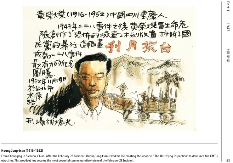 《手繪台灣關鍵字:畫說1940-2020》,頁43。在過去,木刻版畫常作為社會主義者推動理念的媒材。而黃榮燦所作的《恐怖的檢查》是二二八事件最具代表性的圖像創作。(大寬文化提供)