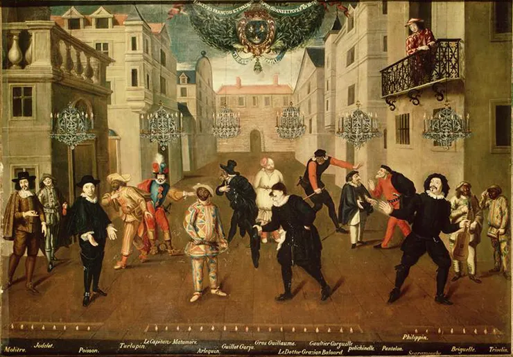 17世紀的「鬧劇」演員，莫里哀在最左方，1670年。