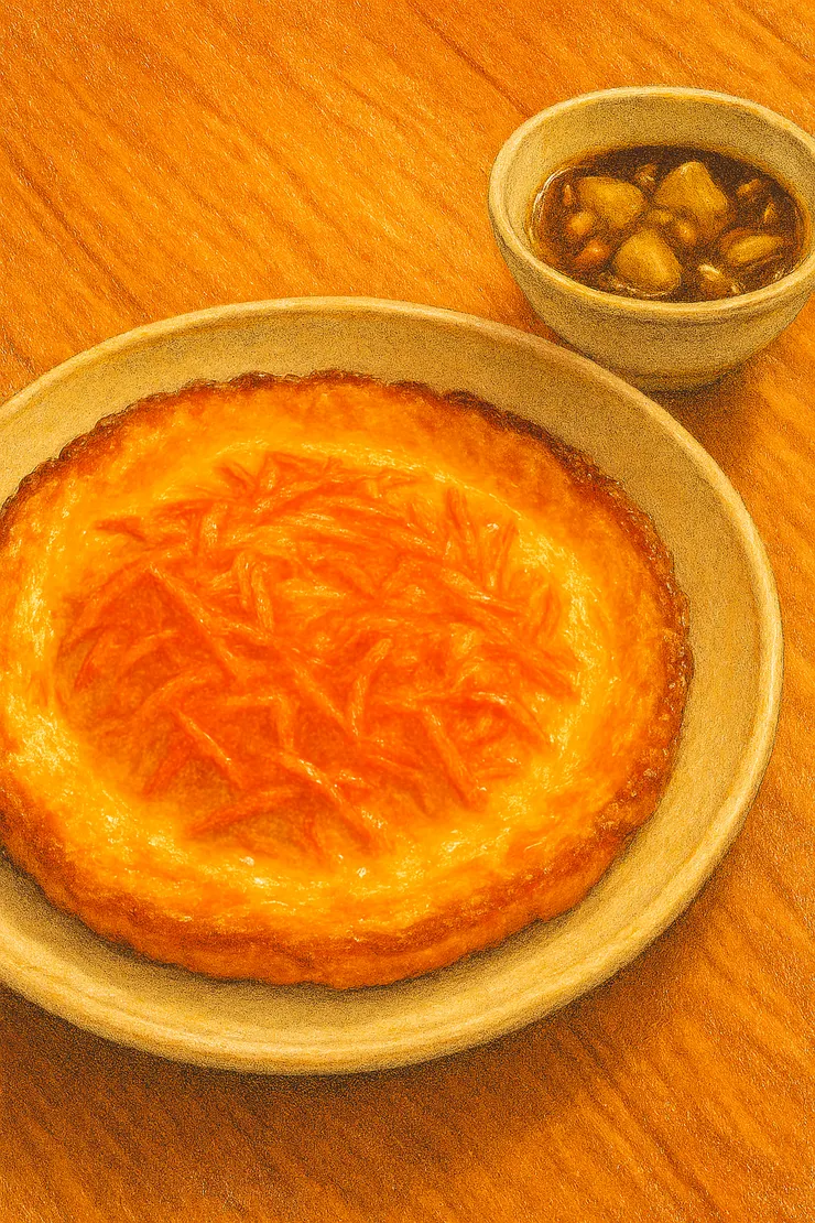 一份紅蘿蔔烘蛋的特寫畫面,邊緣香脆、口感鬆軟,搭配蒜香醬油。