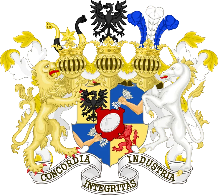 奧地利皇帝法蘭茲一世授予羅斯柴爾德男爵的紋章,上面用拉丁文寫著祖訓:團結、正直、勤奮