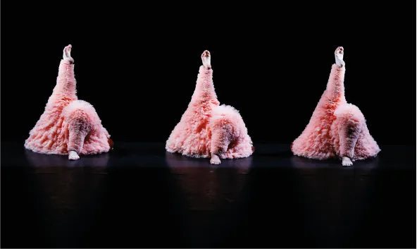 《蓬蓬》中男舞者穿著粉紅色芭蕾舞裙，以詼諧逗趣的肢體顛覆傳統芭蕾意象 © Michel Cavalca