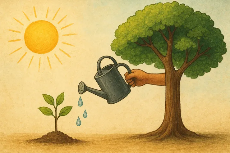 象徵:陽光=信任;澆水=期望;樹苗成長成茁壯的大樹=潛力被激發。〈AI生成插圖:透過小樹苗成長,形象化皮格馬利翁效應〉