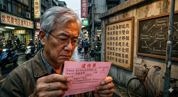 眼鏡男盯著違停單（Gemini圖）