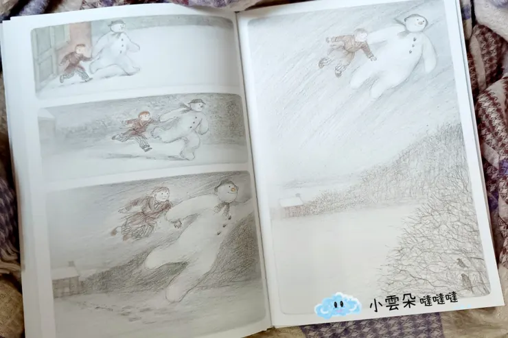 雪人帶著男孩往上一躍，飛上了天空！