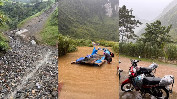 (由左至右)土石流、竹筏過馬路及淹大水過不去的路段
