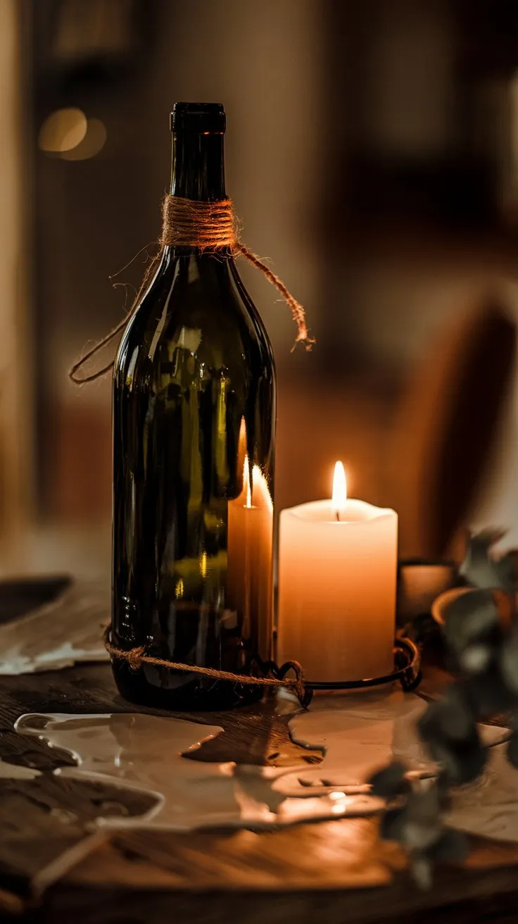 Dim, romantic lighting, rustic wine bottle candle holder on a wooden table.  Dark green wine bottle with the bottom cut off