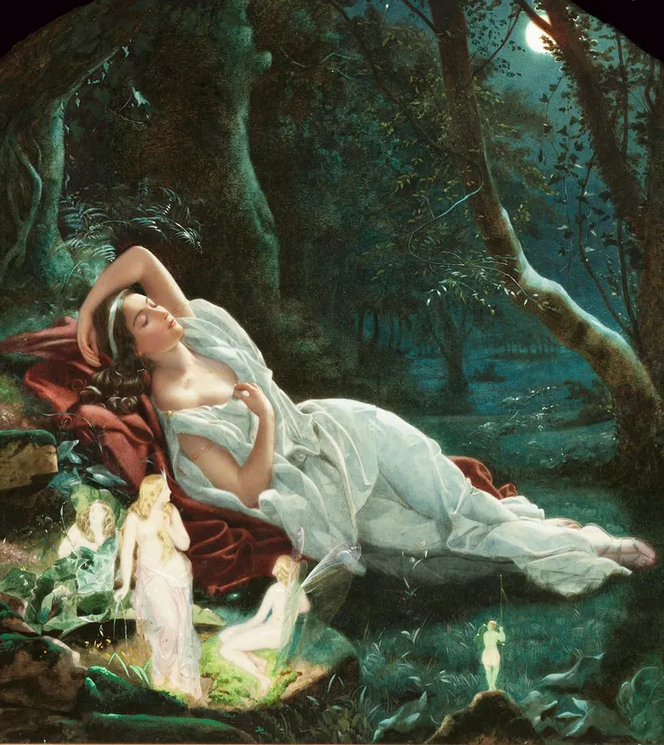 Titania sleeping in the moonlight protected by her fairies, by John Simmons