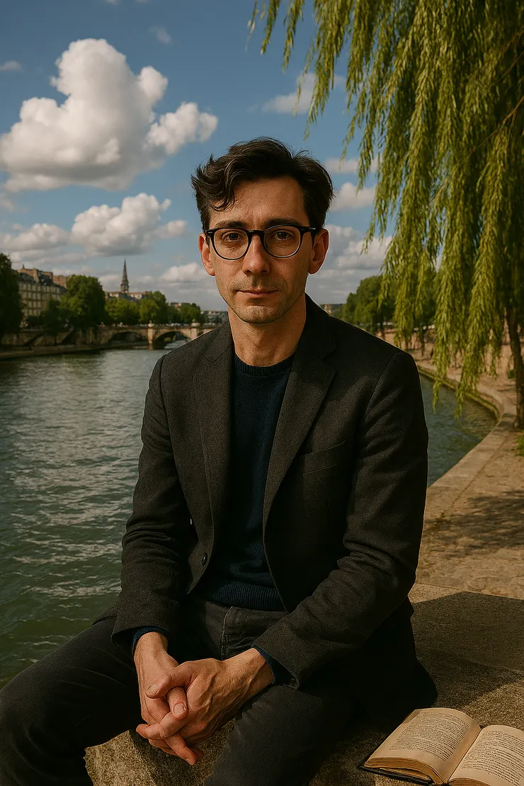 文思哲坐在塞納河畔，彷彿整個世界都靜止，只為了讓他與語言對話。