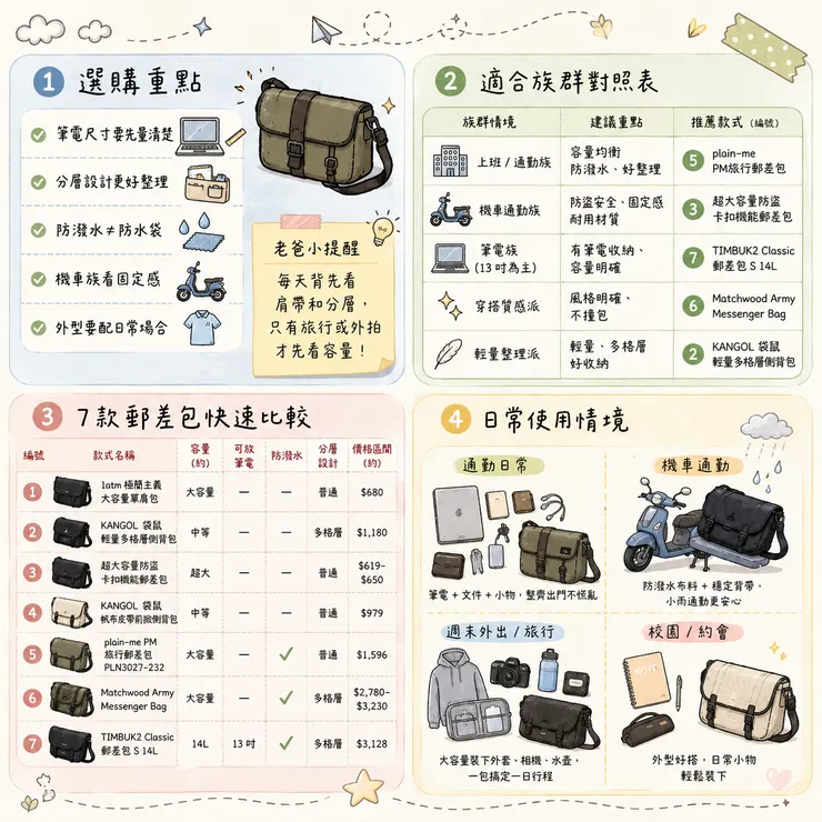 【郵差包推薦】2026 通勤裝筆電怎麼挑?🎒 Dcard、Threads 7 款側背包實話比較