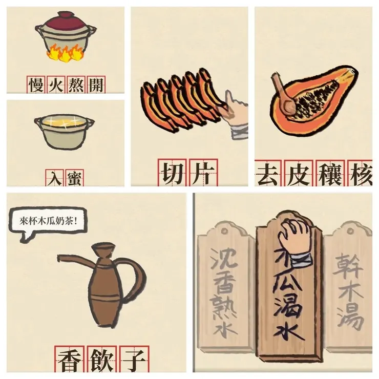 「叫我大掌櫃—回到宋朝當首富」臉書線上遊戲截圖，宋代市井確實有販售各種木瓜飲品，但是當時的木瓜，並非今日之番木瓜