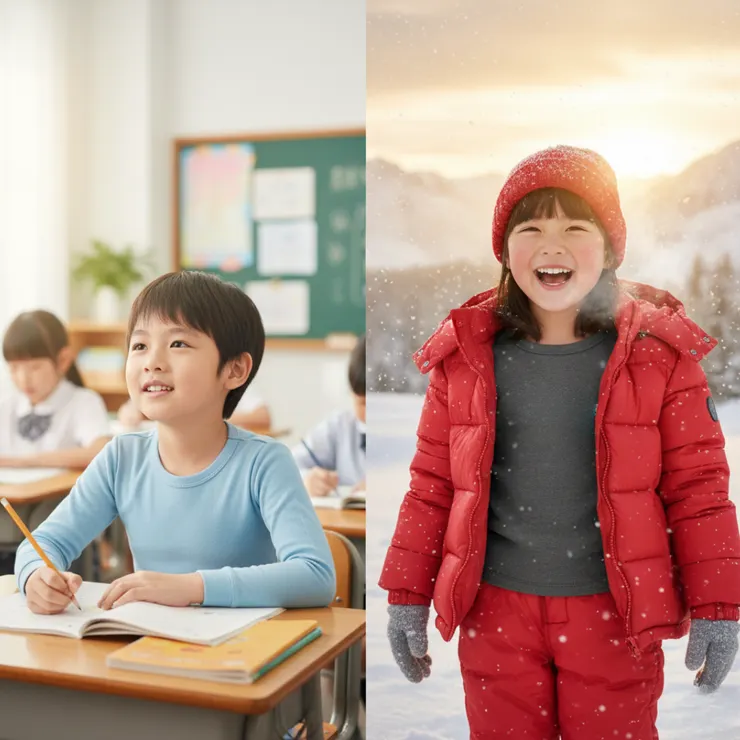 兒童發熱衣情境穿搭對比圖：左側為學校室內日常薄款，右側為戶外雪地抗寒機能款