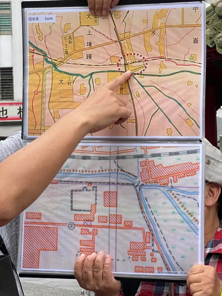 日治時期的地圖，可見溪流、水圳匯聚於土地公廟前